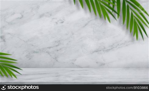 Marble texture background with blurry green coconut palm leaves on wall ,White or Grey nature granite wall surface for Ceramic counter or interior decoration.Luxury design backdrop product background 