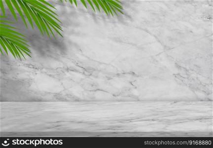 Marble texture background with blurry green coconut palm leaves on wall ,White or Grey nature granite wall surface for Ceramic counter or interior decoration.Luxury design background display product 