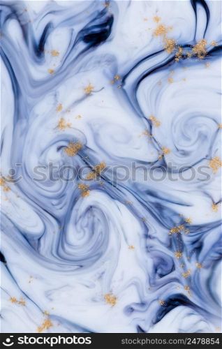 Marbled unique blue abstract background with gold dust