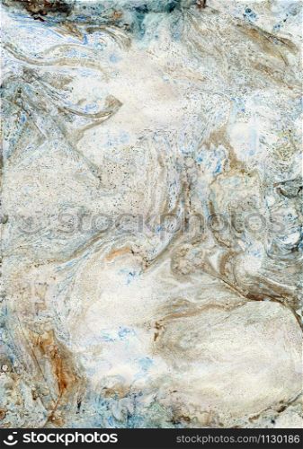 Marbleized effect. Ancient oriental drawing technique. Marble texture. Beautiful pattern. Marbling background. Blue and sienna mixed oil paints.