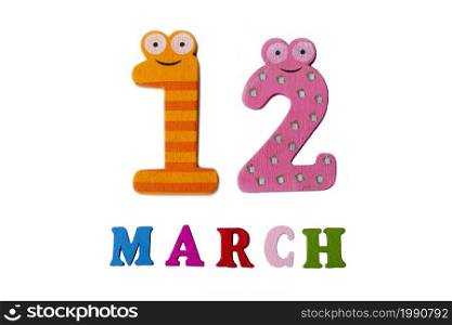 March 12 on white background, numbers and letters. Calendar.. March 12 on white background, numbers and letters.