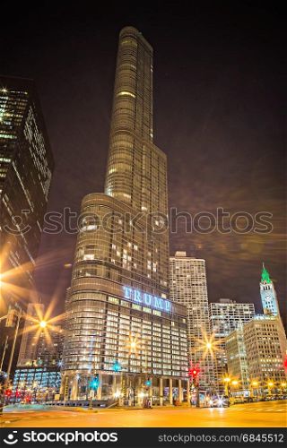 March 2017 Chicago Illinois - Trump Tower skyscraper in downtown chcago at night