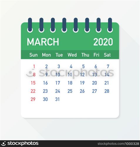 March 2020 Calendar Leaf. Calendar 2020 in flat style. Vector stock illustration.. March 2020 Calendar Leaf. Calendar 2020 in flat style. Vector illustration.