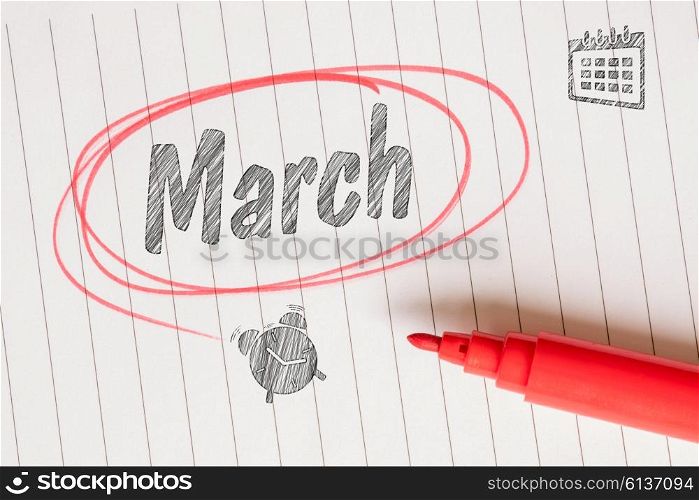 March memory note with a red circle and sketches