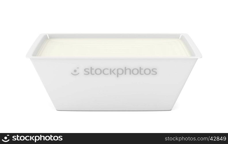 Margarine in open plastic packaging on white background