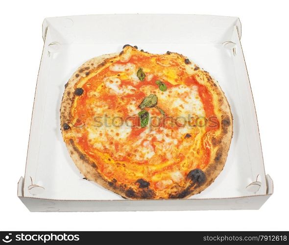 Margherita pizza background isolated. Margherita aka margarita traditional Italian pizza in a carton box isolated over white background