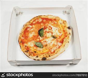 Margherita pizza carton. Margherita aka margarita traditional Italian pizza in a carton box