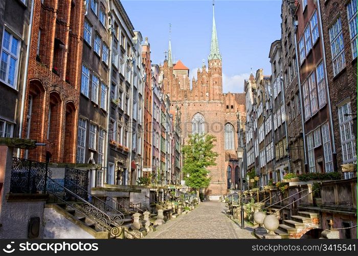 Mariacka Street with the Church of the Blessed Virgin Mary (Polish: Bazylika Mariacka) at the end in Old Town of Gdansk (Danzig), Poland