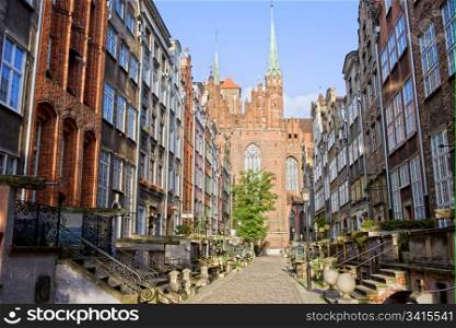 Mariacka Street with the Church of the Blessed Virgin Mary (Polish: Bazylika Mariacka) at the end in Old Town of Gdansk (Danzig), Poland