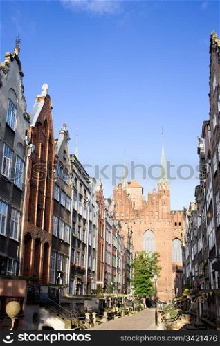 Mariacka Street with the Church of the Blessed Virgin Mary (Polish: Bazylika Mariacka) at the end in Old Town of Gdansk, Poland