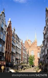 Mariacka Street with the Church of the Blessed Virgin Mary (Polish: Bazylika Mariacka) at the end in Old Town of Gdansk, Poland