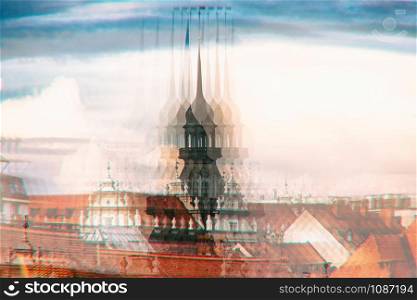 Maribor, Slovenia roofscape. Horizontal shot in a glitch style