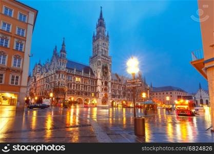 Marienplatz square at night in Munich, Germany. Marienplatz square and New Town hall during morning blue hour in Munich, Bavaria, Germany