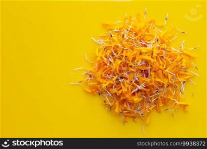 Marigold flower petals on yellow background.