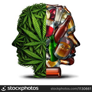 Marijuana and alcohol drug risk and alcoholism concept as a group of weed leaves and beer wine hard liquor glasses shaped as a a human head as a symbol for alcoholic disorder and cannabis with 3D illustration elements.