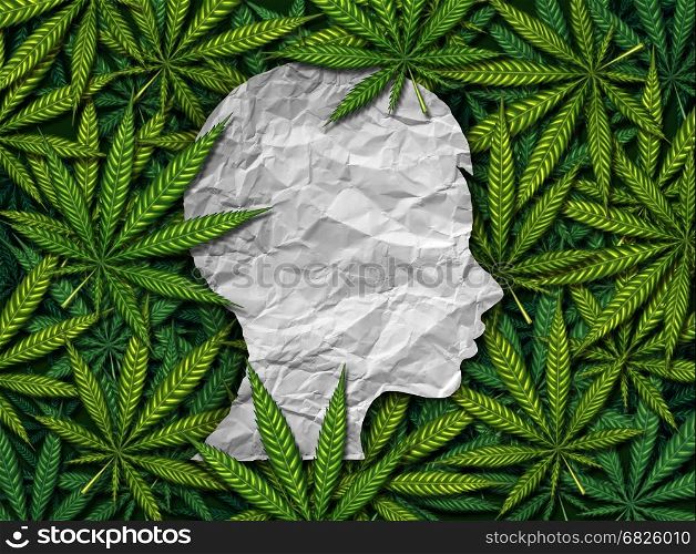 Marijuana and children or exposure to secondhand cannabis smoke in children as a group of weed leaves with a crumpled paper as a profile of a youth as as medical health risk symbol in a 3D illustration style.