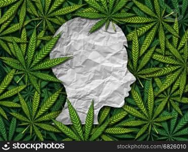Marijuana and children or exposure to secondhand cannabis smoke in children as a group of weed leaves with a crumpled paper as a profile of a youth as as medical health risk symbol in a 3D illustration style.