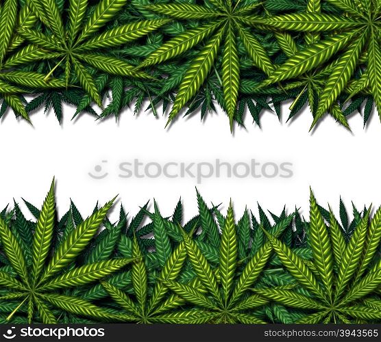 Marijuana border design on a white background as a symbol for medicinal pot or medical weed as a group of green leaves as a cannabis drug communication symbol.