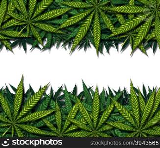 Marijuana border design on a white background as a symbol for medicinal pot or medical weed as a group of green leaves as a cannabis drug communication symbol.