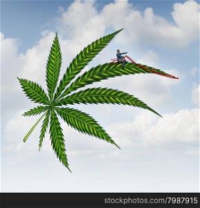 Marijuana concept and cannabis leaf flying high with a person guiding the medicinal plant as a symbol for the social issues of recreational drugs..