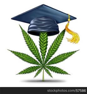 Marijuana education and cannabis information as a graduation mortar board with a green leaf as a medical weed or legal pot facts symbol with 3D illustration elements.