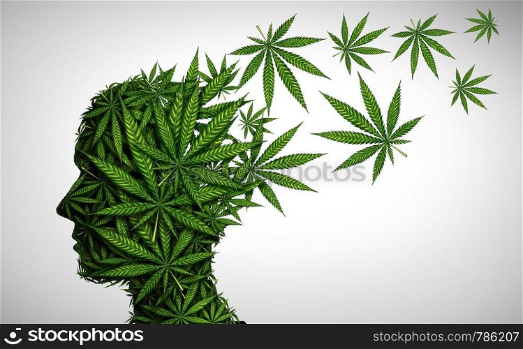 Marijuana effects on the brain and cannabis mood altering chemicals or psychology and drugs concept in a 3D illustration style.