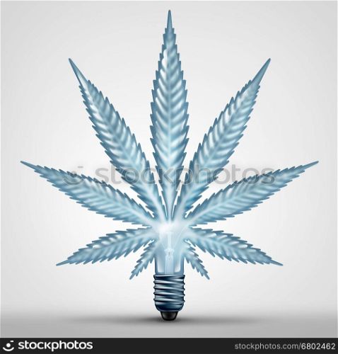 Marijuana idea concept and medical cannabis solution symbol as a light bulb shaped as an illuminated weed leaf as a recreational drug legalization and legislation as a 3D illustration.