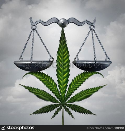 Marijuana law concept as a cannabis leaf holding up a justice scale as a medicinal or recreational drug legalization social issue symbol with 3D illustration elements.