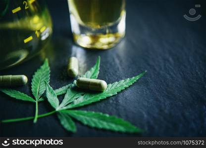 Marijuana leaf plant cannabis herbal tea and capsule on dark background / Hemp leaves for extract medical healthcare natural selective focus