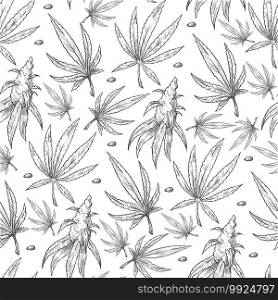 Marijuana leaves seamless pattern, hemp foliage monochrome sketch outline. Chemical cannabis, psychoactive herb for medical purposes. Hashish with cannabidiol narcotics, vector in flat style. Cannabis leaves, medical marijuana foliage seamless pattern vector