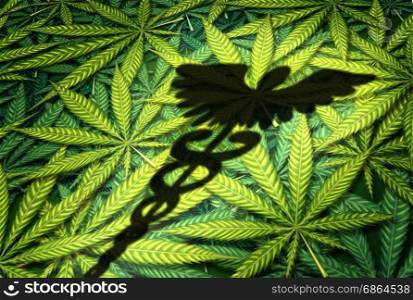 Marijuana medical concept as the shadow of a caduceus on a group of cannabis leaves as a medicinal herb drug symbol with 3D illustration elements.