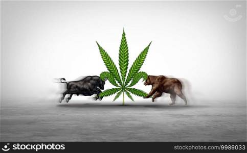 Marijuana stocks and investing in cannabis stock as a business selling and buying pot and weed equity on the stock market with a bear and bull creating financial pressure in a 3D illustration style.