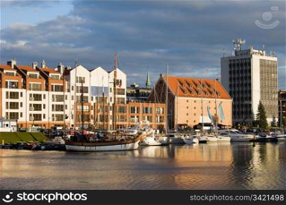 Marina for sailing ships and motorboats by the river Motlawa in the city of Gdansk in Poland