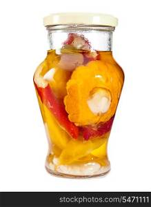 Marinaded bush pumpkins and vegetable marrows in a glass jar