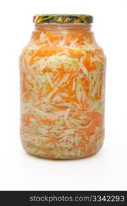 Marinated cabbage and carrots in a glass jar.