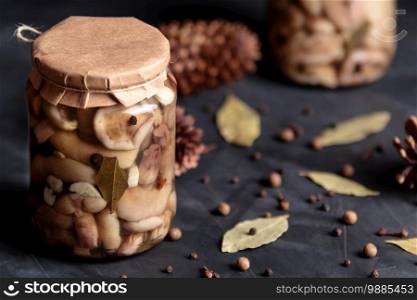 Marinated mushroom. Natural organic gourmet food appetizer with garlic, pepper, bay leaf and cloves. Canned suillus in glass jar. Dark mood closeup of tasty edible mushrooms. Marinated mushroom. Canned suillus in glass jar