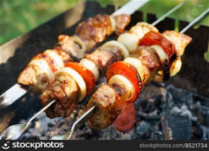Marinated pieces of meat with tomato and onion on metal skewers coocked on a barbecue grill over charcoal. Kebab grilled on charcoal fire.. Kebab, pieces of meat on metal skewers, cooked on grill fire
