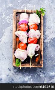 Marinated pork kebab on stick. Marinated with onion and spices meat, strung on skewers