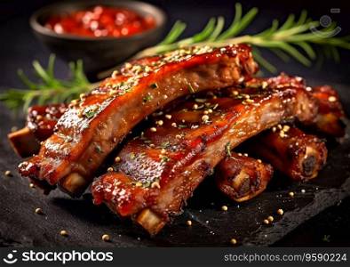 Marinated pork spareribs with barbeque sauce and rosemary.AI Generative
