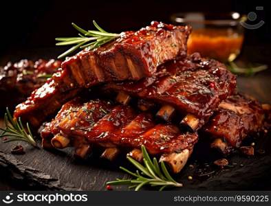 Marinated pork spareribs with barbeque sauce on black stone board.AI Generative
