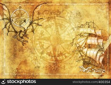 Marine blank banner with copy space, fantasy dragon, old sailboat on texture background. Collage with hand drawn graphic illustrations on paper, adventure concept