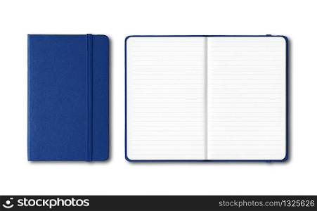 Marine blue closed and open lined notebooks mockup isolated on white. Marine blue closed and open lined notebooks isolated on white