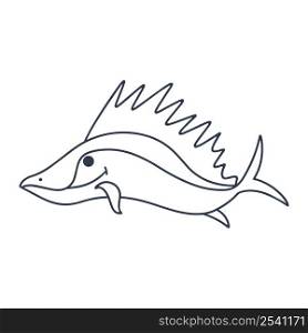 Marine fish predator with big fin vector doodle illustration. Silhouette of underwater character. Outline drawing ocean fish isolated. Marine fish predator with big fin vector doodle illustration