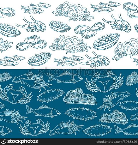 Marine life seamless borders. Marine life seamless borders. Lined seafood pattern vector illustration