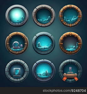 marine porthole window game ai generated. nautical view, submarine circular, design boat marine porthole window game illustration. marine porthole window game ai generated