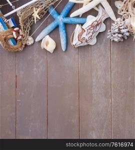 marine set with starfish and sea shells border on wooden planks background with copy space. starfish and sea shells on wooden board