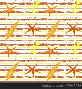 Marine striped seamless pattern with seashells, starfish and anchors