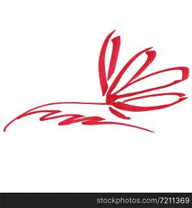 Marker bright red flower with leaves hand drawn line stroke