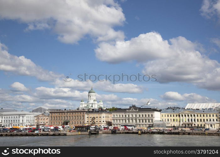 market and harbor front of helsinki seen from the water