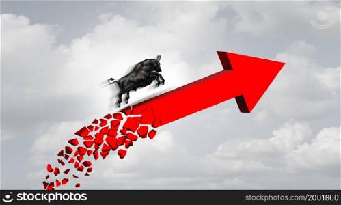 Market crisis and bull economy danger and economic panic concept trending upwards as a precarious financial profit symbol and inflationary stock market in collapse as a symbol of inflation risk with 3D render elements.